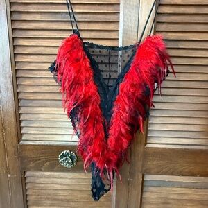 Elegant Red and Black Feathered Bodysuit with Snap Crotch